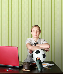 Image showing businesswoman watching soccer competitions