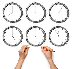 Image showing sketch clock with human hands with pencil and eraser