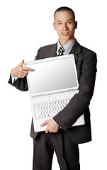 Image showing businessman with open laptop shows something