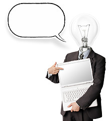 Image showing businessman with lamp-head and laptop and comics bubble