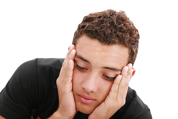 Image showing sad teenager portrait close up, isolated on white