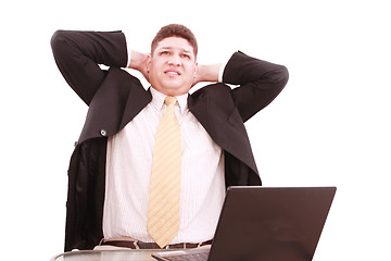 Image showing Worried young business man with notebook, isolated on white 