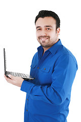 Image showing Young man with laptop, isolated on white