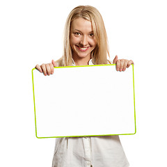 Image showing happy businesswoman holding blank white card