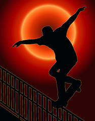 Image showing Skateboarding Nosegrind Rail Sunset Back 