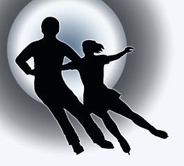 Image showing Spotlight Back Silhouette Ice Skater Couple Side by Side Turn