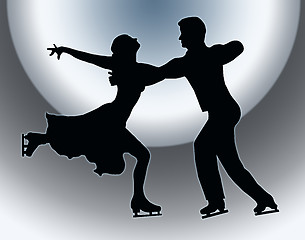 Image showing Spotlight Back Silhouette Ice Skater Couple Embrace Back Kick