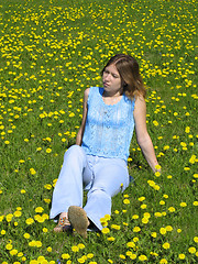 Image showing Girl on dandelion lawn