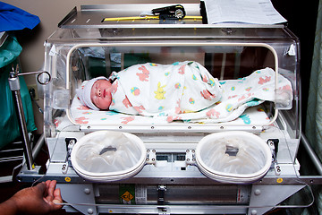 Image showing Cute sick baby in incubator