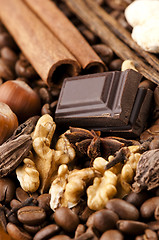 Image showing chocolate with coffee beans, spices and nuts