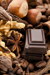 Image showing chocolate with coffee beans, spices and nuts