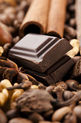 Image showing chocolate with coffee beans, spices and nuts