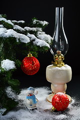 Image showing Christmas still life with balls and a lamp