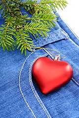 Image showing Christmas tree and toy on denim background.