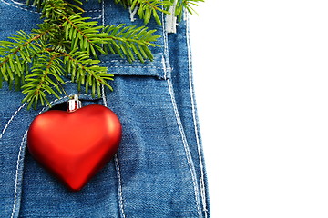 Image showing Christmas tree and toy on denim background.