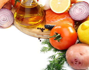 Image showing Raw salmon, vegetables and greens.