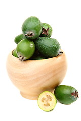 Image showing Feijoa fruit in wooden bowl.