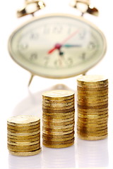 Image showing Time is money concept with clock and coins.