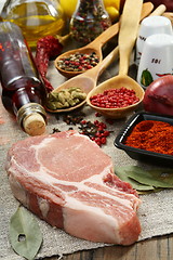 Image showing Fresh raw pork meat and spices.
