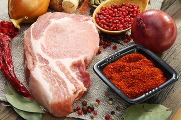 Image showing Fresh raw pork meat and spices.