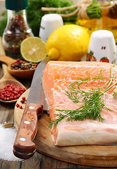 Image showing Fresh salmon fillet with herbs and spices.