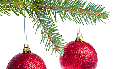 Image showing red christmas ball hanging from tree