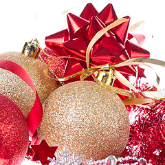 Image showing christmas balls with ribbon and tinsel