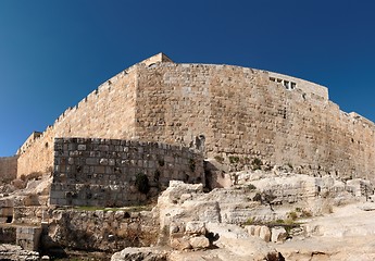 Image showing Distorted view of the corner of Jerusalem Old City wall near the Dung gate