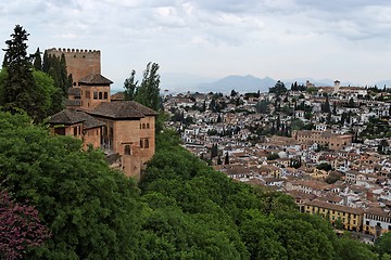 Image showing Bastions of Alhambra castle above the town of Granada, Spain