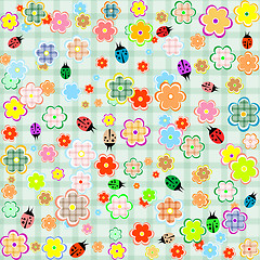 Image showing Flowers and ladybugs seamless pattern background