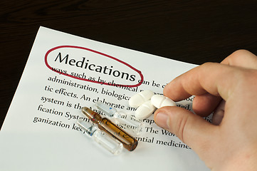 Image showing Medication text and Hand holding pill