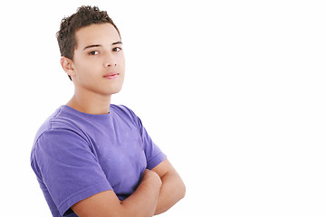 Image showing Portrait of a happy teenager standing with folded hands on isola