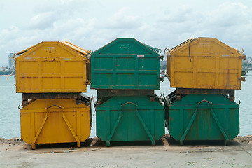 Image showing Six garbage containers