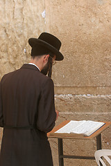 Image showing Orthodox man prayers at Western wall of Jerusalem