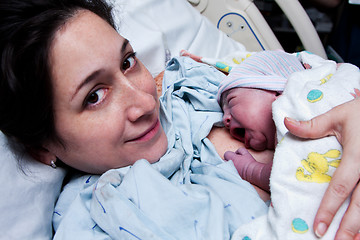 Image showing Happy mother holding newborn baby after birth