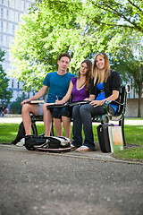 Image showing Students sitting on campus bench