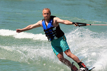 Image showing Mature man wakeboarding