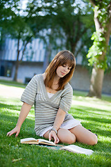 Image showing Young girl sitting down on grass with books