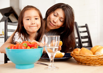 Image showing Mother Daughter Eating Meal with Strawberries