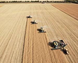 Image showing Aerial View of Harvesters in Formation