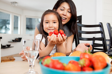 Image showing Mother and Daughter in Kitchen with Strawberries