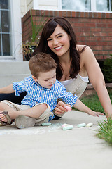 Image showing Mother and Son Playing with Sidewalk Chalk