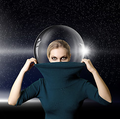Image showing fashion ninja woman in space with glass space-suit