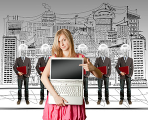 Image showing woman and lamp head businesspeople with laptop