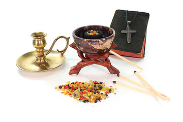 Image showing incense with incense bowl and the Bible