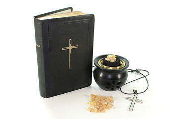 Image showing incense with incense bowl and the Bible