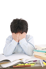 Image showing Stressed schoolboy studying in classroom 