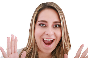 Image showing Portrait of a young woman with a astonish expression, isolated o