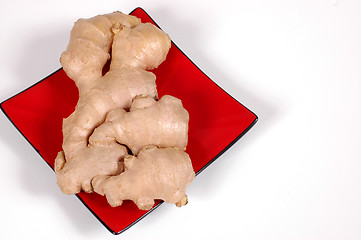 Image showing Hand of ginger on red plate