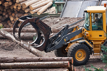 Image showing Skidder hauling logs at sawmill.